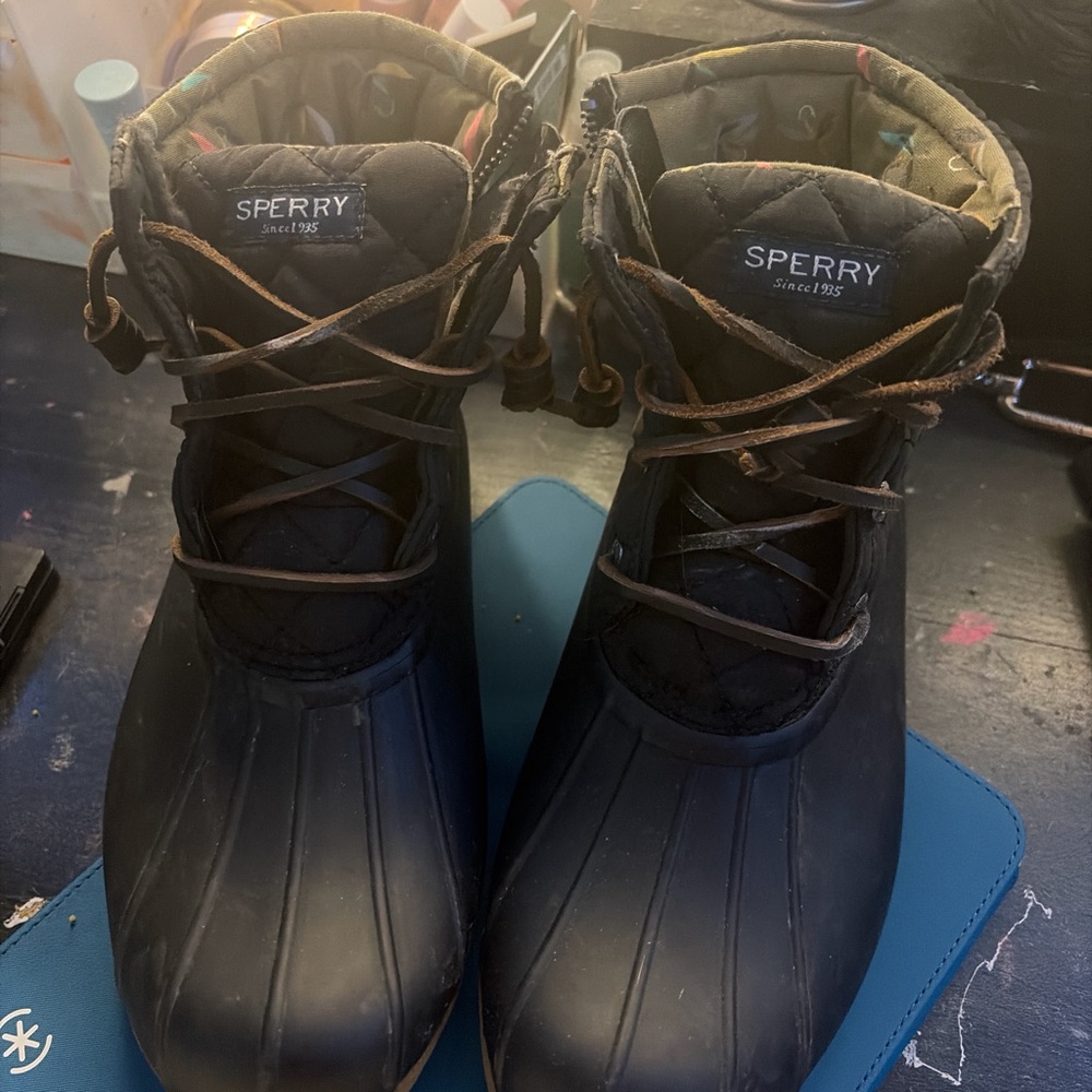 Sperry Olive and Black Duck Boots